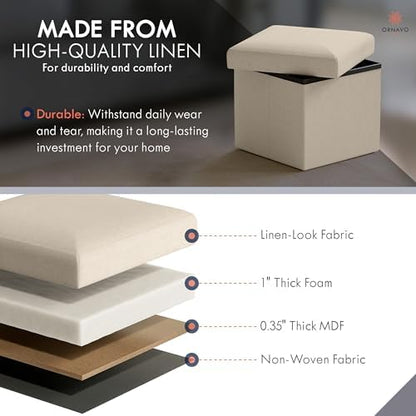 Ornavo Home Small Square Storage Ottoman, Foldable Linen, 12x12x12, Beige