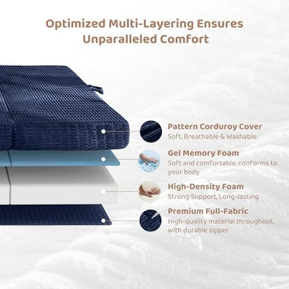 BYBYME Corduroy Memory Foam Tri-Folding Mattress, 6 Inch Gel Folding Mattress Topper, Foldable Soft Guest Bed Camping Pad, with Washable Cover (Navy, Queen)