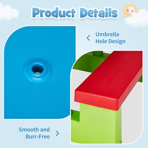 JOYMOR Kids Picnic Table with Removable Umbrella, Plastic Kids Activity Table for Outdoors, Toddler Table and Bench Set for Ages 3+, Ideal for Garden, Patio, Coloful