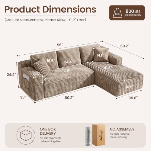 WINBOY 97" L Shaped Boneless Couches for Living Room, Comfy Modular Deep Seat Compressed Corduroy Sofa with Side Pocket,Right Facing Chiase,Camel