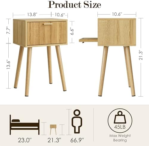 Night Stand, Small Modern Nightstand with Fluted Doors, Oak