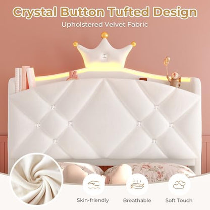 MSmask Twin Bed Frame with LED Lights, Princess Upholstered Bed with Headboard with Charging Station & Crystal Button & Crown, Velvet Platform Bed for Girls, Solid Wood Slats, Curved Legs, Cream White