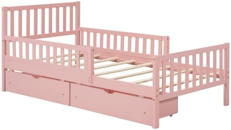 Bellemave Girls Twin Bed Frame with Fences and 2 Drawers, Kids Twin Platform Bed with Guardrails on Both Sides, Pink