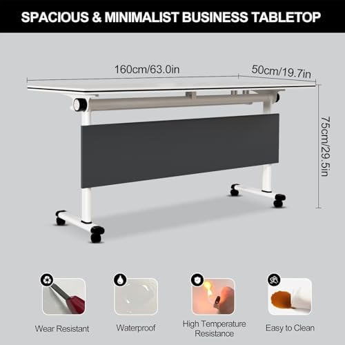 Folding Conference Table Modern Large Mobile Meeting Table Rolling Conference Room Tables with Wheels Seminar Tables for Office Training Classroom (4, Deep Grey, 63" D X 19.7" W X 29.5" H)