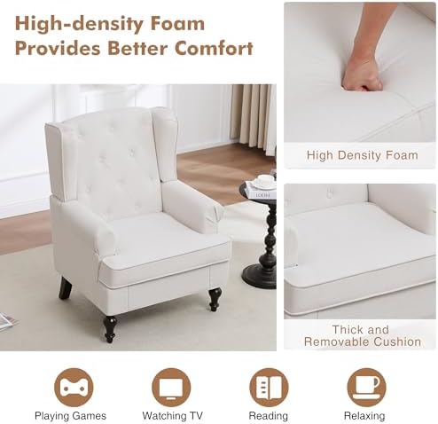 Accent Chair Set of 2, Mid Century Modern Upholstered Armchair, Wingback Chair with Tufted High Back and Solid Legs, Comfy Single Sofa Side Reading Chair for Living Room Bedroom, Beige