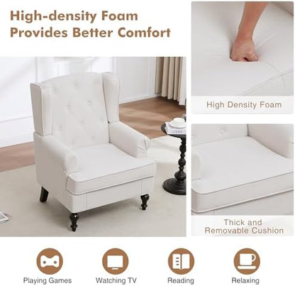 Accent Chair Set of 2, Mid Century Modern Upholstered Armchair, Wingback Chair with Tufted High Back and Solid Legs, Comfy Single Sofa Side Reading Chair for Living Room Bedroom, Beige