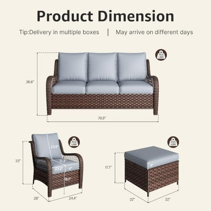 5 Piece Wicker Patio Furniture Set, Rattan Patio Chairs with High Back, Deep Seating, Wide Armrest, Thickened Cushions, Outdoor Furniture for Deck, Porch Use, Dark Grey