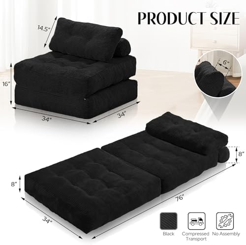 Folding Sofa Bed,Convertible Sleeper Chair Bed w/2-Pillow & Handle