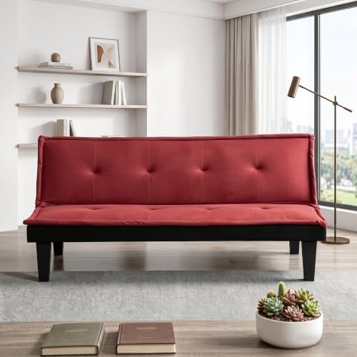 Convertible Futon Sofa Bed, Small Futon Couch with 5-Position Adjustable Backrest, Modern Sofa Bed for Small Spaces, Living Room, Bedroom, Apartment, Dark Red