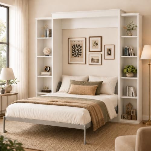 Queen Size Murphy Bed with 2 Storage Cabinet, Farmhouse Wood Hidden Foldable Wall Bed Frame, Space Saving Beds with Shelves, Murphy Bed Queen for Guest Room, Apartment,Office,Bedroom, White
