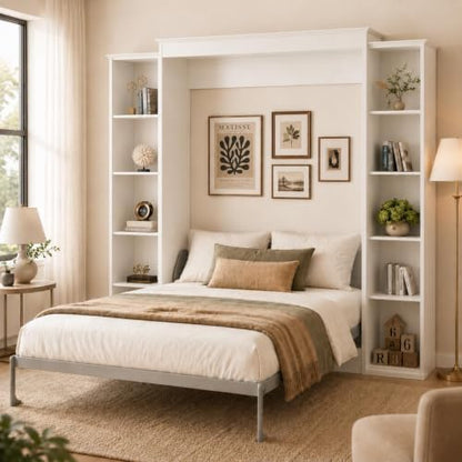 Queen Size Murphy Bed with 2 Storage Cabinet, Farmhouse Wood Hidden Foldable Wall Bed Frame, Space Saving Beds with Shelves, Murphy Bed Queen for Guest Room, Apartment,Office,Bedroom, White