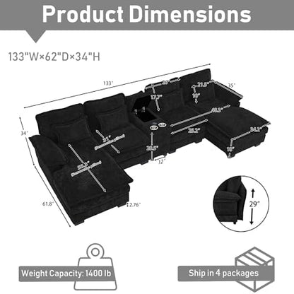 ONEMMLION 133" U Shaped Sectional Cloud Couch with USB & Cup Holder,Black