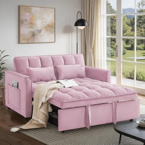 Convertible Sofa Bed, Pull Out Couch with Side Pockets, 3 in 1 Velvet Fabric Loveseat Sleeper Sofa Bed, Pull Out Couch with Adjustable Backrest for Living Room, Bedroom, Apartment, Pink
