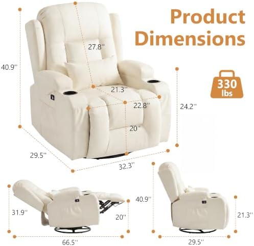 URRED Swivel Rocker Recliner Chair with LED Ambient Lights for Adults，Ivory