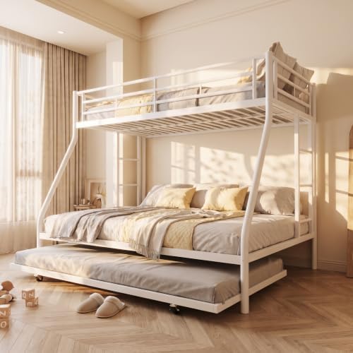 Metal Bunk Beds with Double Secured Ladders, Twin Over Full Bunk Bed with Surrounded Safety Guardrails, Space Saver Twin Beds, Noise Free for Small Bedroom, with Trundle, White