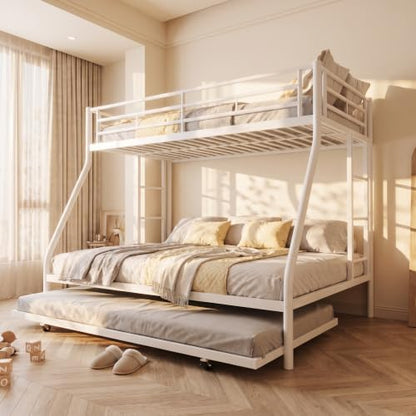Metal Bunk Beds with Double Secured Ladders, Twin Over Full Bunk Bed with Surrounded Safety Guardrails, Space Saver Twin Beds, Noise Free for Small Bedroom, with Trundle, White