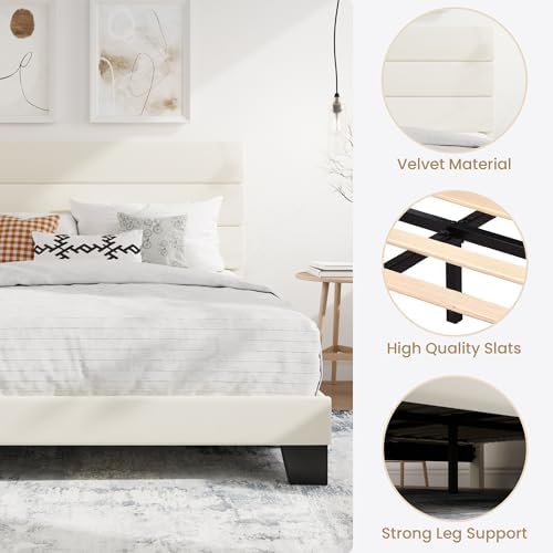 SHA CERLIN Full Platform Bed Frame with Upholstered Velvet Headboard, Cream