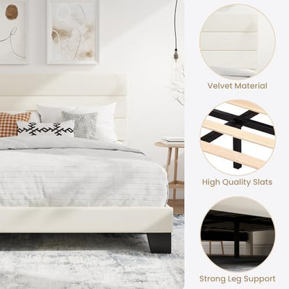 SHA CERLIN Full Platform Bed Frame with Upholstered Velvet Headboard, Cream