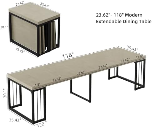 23.62" - 118" L Extendable Foldable Dining Room Table for 2-10 People, Wood Modern Rustic Rectangle Expandable Kitchen Living Meeting Room Furniture, 5 Tabletop Length Options