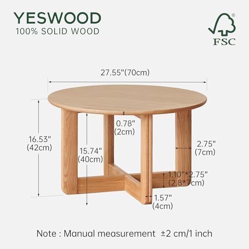 100% Solid Oak Wood Round Coffee Table, 2-Tier Small Wood Center Table