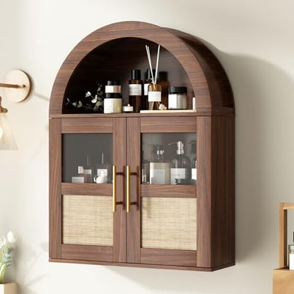 RUSTOWN Arched Bathroom Wall Cabinet with 2 Glass & Rattan Doors