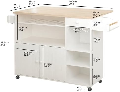 IRONCK Rolling Kitchen Island Cart with Drop-Leaf and Wine Rack, White