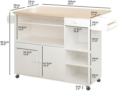 IRONCK Rolling Kitchen Island Cart with Drop-Leaf and Wine Rack, White