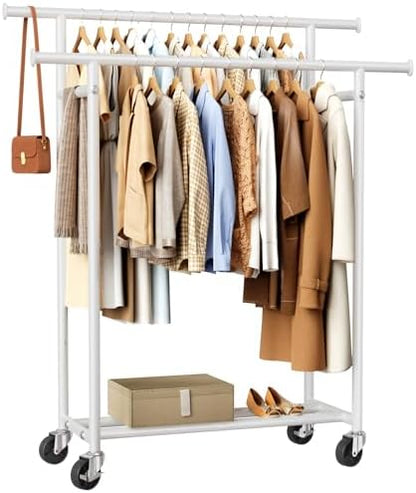 HYSEYY Clothes Rack, Double Rods Rolling Clothing Rack for Hanging Clothes, Portable Garment Rack with Wheels, Coat Rack Wardrobe Closet Load 240 LBS for Bedroom Laundry Room (White, L)