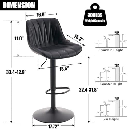 Kidol & Shellder Bar Stools Set of 2 Adjustable Swivel Counter Height Barstools Modern Upholstered PU Leather Bar Chairs Stools for Kitchen Island Black