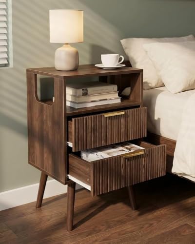 Leomonio Fluted Nightstand, Modern Night Stand with 2 Drawer and Open Shelf
