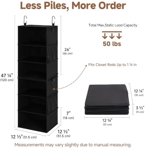 StorageWorks Hanging Closet Organizer, 6-Shelf with 2-in-1 Design, Black
