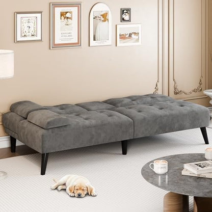 64" Futon Sofa Bed, Small Couch with 2 Cup Holders, Grey