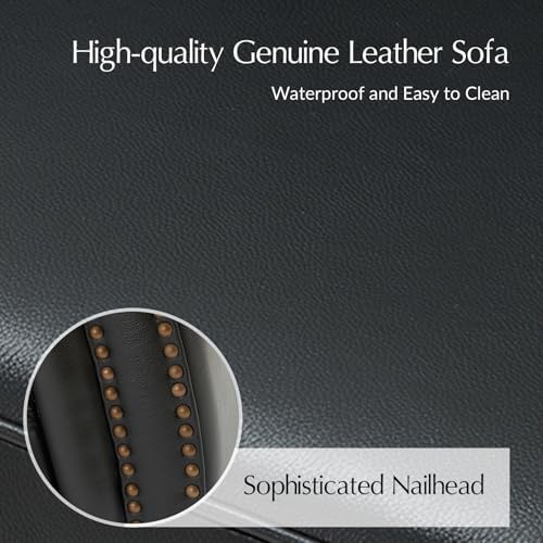 HULALA Home 81" Genuine Leather Sofa with Rolled Armrests, Black