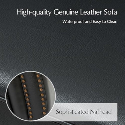 HULALA Home 81" Genuine Leather Sofa with Rolled Armrests, Black