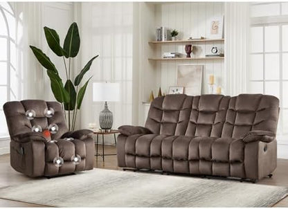 HAOMARKETS 2-Piece Recliner Sofa Couch Set, Include Single Power Electric Recliner Chair with Massage& Heat and 3-Seater Manual Reclining Sofa for Living Room Bedroom, Brown
