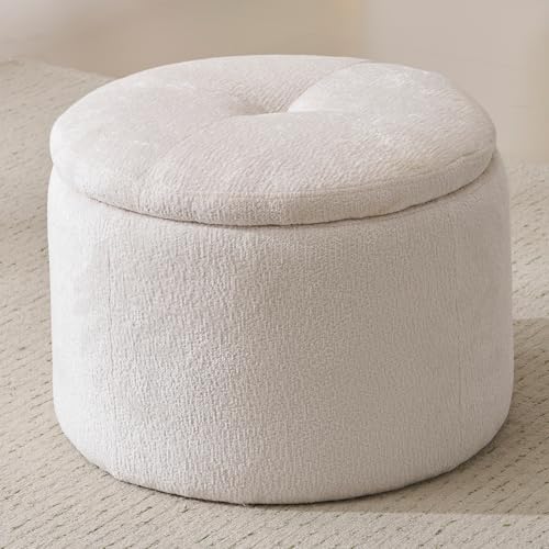 Modern Round Storage Ottoman with Reversible Tray Lid,Chenille Ottoman Foot Stools, Ottoman Footstool with Hidden Storage, Storage Ottoman for Living Room, Multi-Functional Footrest,White