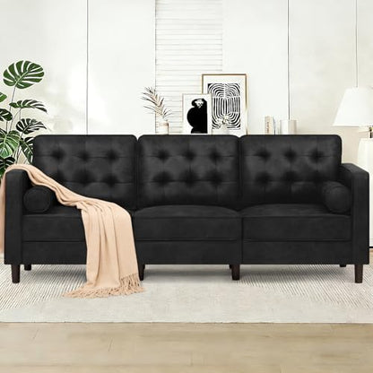 84" Suede Leather Modern Sofa with Bolster Pillows, Black
