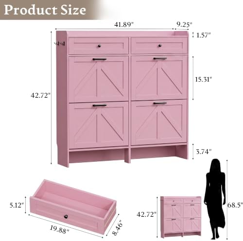 BORNOON Shoe Storage Cabinet for Entryway, Farmhouse Wide Shoe Cabinet with 4 Flip Drawers and 2 Top Drawers, Freestanding Organizer with Adjustable Shelves, Hooks, and Anti-Tip Kit for Hallway