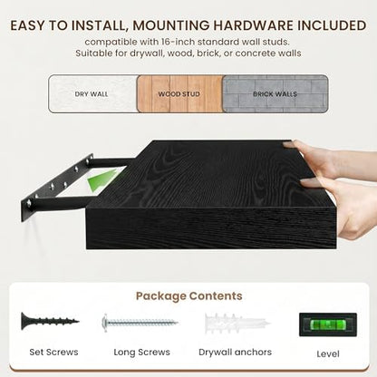 FLYJOE 32 Inch Floating Shelves, 12'' Deep Black Shelves for Wall Set of 2