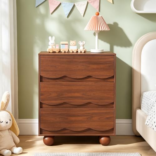 Walnut Scalloped 3 Drawer Dresser,Mid Century Modern Nightstand for Bedroom