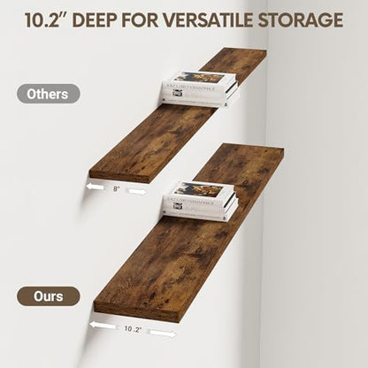 10 Inch Deep Floating Shelves for Wall 48” Set of 2, Rustic Brown