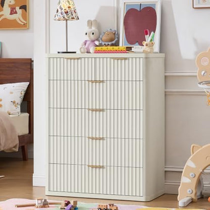 LEYAOYAO Fluted 6 Drawers Dresser for Bedroom, 42" Tall Modern Chest of Drawers with Metal Handle, Curved Profile Design,White Wood Drawer Organizer for Bedroom, Living Room, Hallway, Entryway