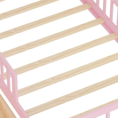 Bellemave Kids Twin Platform Bed with 2 Drawers & Storage Headboard, Kids Twin Bed Frame with 3-Side Guardrails for Girls Boys, Pink