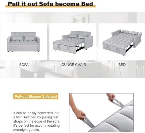 54'' Sleeper Sofa Bed, Convertible Pull Out Couch Futon with Side Pockets, Velvet Loveseat Sofa Bed with Adjustable Backrest, Armrest Pillows for Living Room Dorm Apartment, Light Gray
