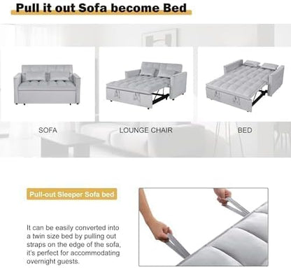 54'' Sleeper Sofa Bed, Convertible Pull Out Couch Futon with Side Pockets, Velvet Loveseat Sofa Bed with Adjustable Backrest, Armrest Pillows for Living Room Dorm Apartment, Light Gray