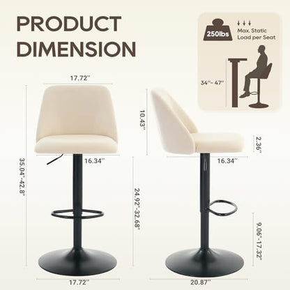 COLAMY Bar Stools Set of 1, Modern Swivel Bar Chairs, Adjustable Upholstered Barstools Counter Height with Full Backrest for Bar, Dining Room, Kitchen Island, Beige