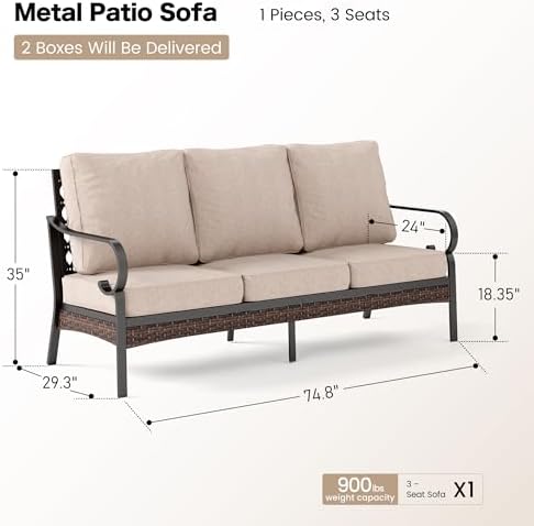 SUNSHINE VALLEY 3-Seat Metal Patio Sofa, Deep Seating, 5.75" Thick Cushions