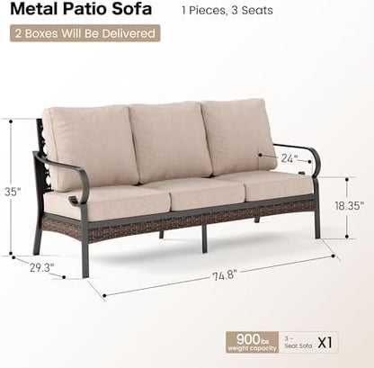 SUNSHINE VALLEY 3-Seat Metal Patio Sofa, Deep Seating, 5.75" Thick Cushions