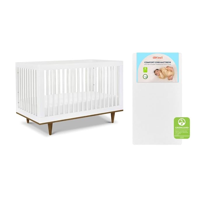 Davinci Marley 3-in-1 Convertible Crib w/Mattress - White & Walnut | FSC & GREENGUARD Gold Certified Crib Convertible to Toddler Bed & Daybed - Includes Mattress - Conversion Kit Sold Separately
