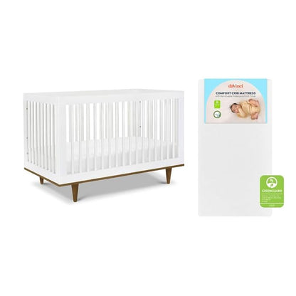 Davinci Marley 3-in-1 Convertible Crib w/Mattress - White & Walnut | FSC & GREENGUARD Gold Certified Crib Convertible to Toddler Bed & Daybed - Includes Mattress - Conversion Kit Sold Separately
